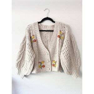 HTF For Love & Lemons Wheat Chunky Knit Embroidered Amaryllis Cardigan